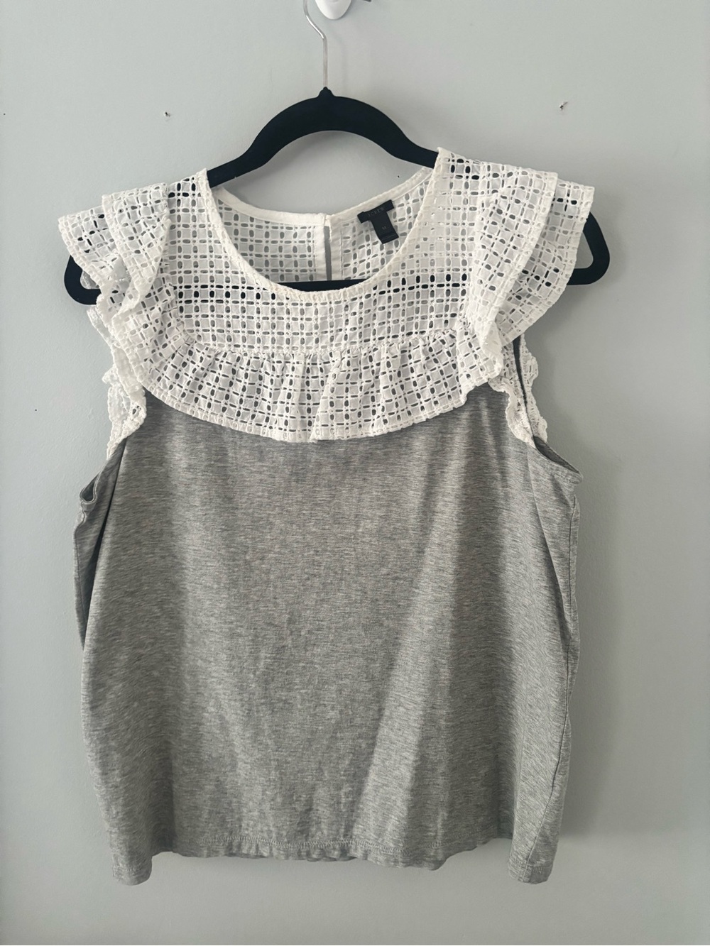 J. Crew Gray Knit Sleeveless Top with White Eyelet Ruffle